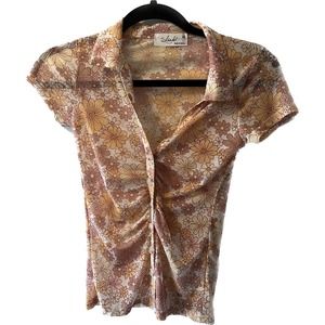 Skonhet Ruche Button Front Floral Sheer Top